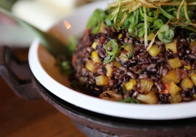 Rice and beans recipe on a plate with garnishes